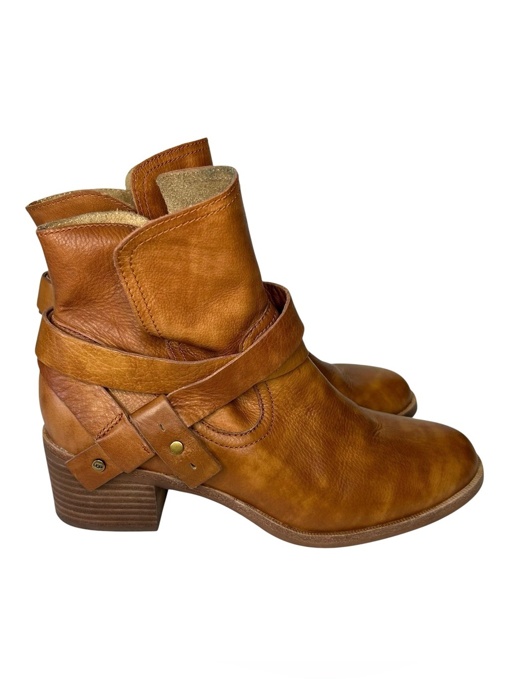 UGG Women 9 ELORA Chestnut Brown Leather Harness Straps Western Look Ankle Boots